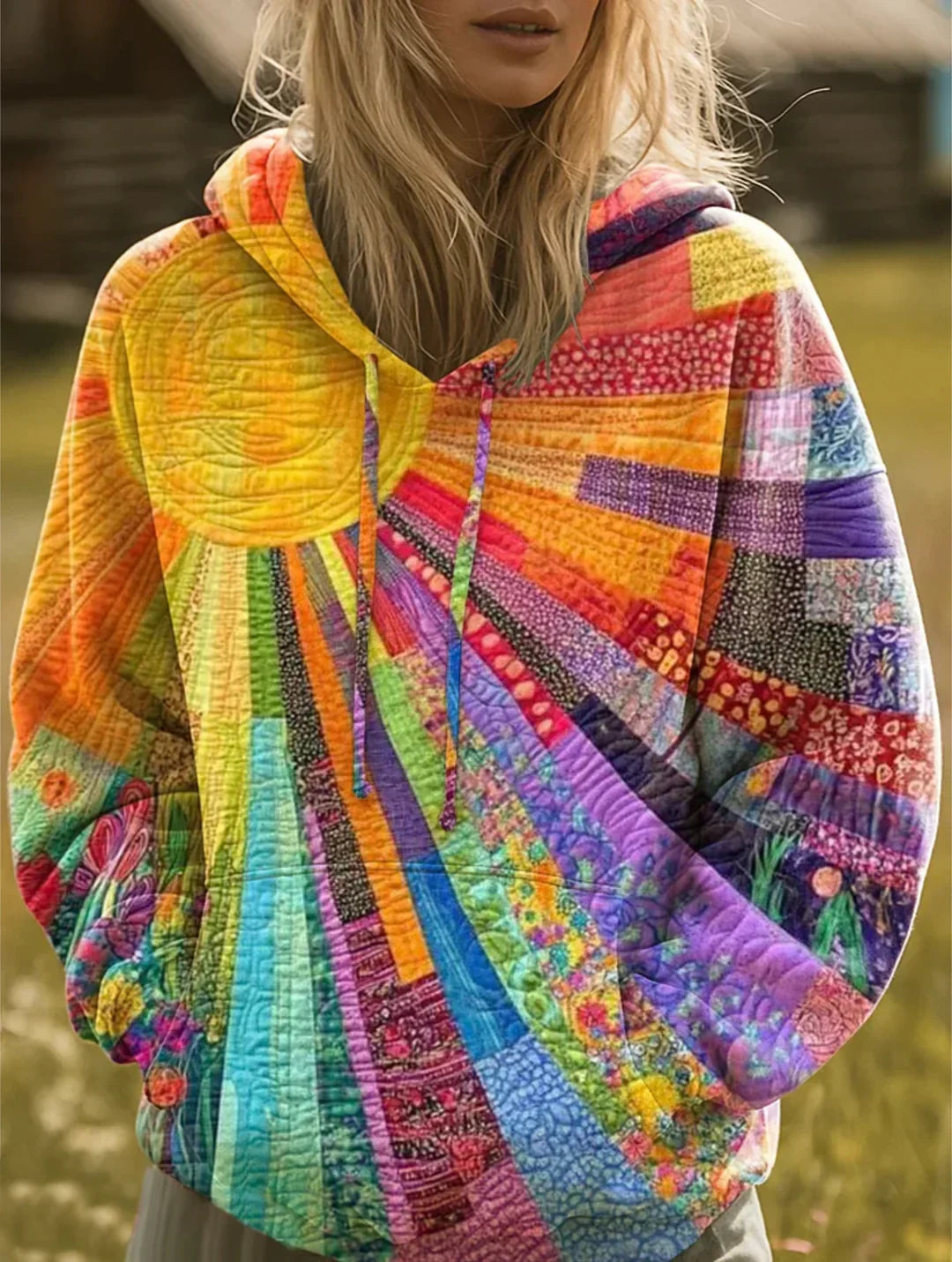 Women's Hooded Long Sleeve Patchwork Print Hoodie