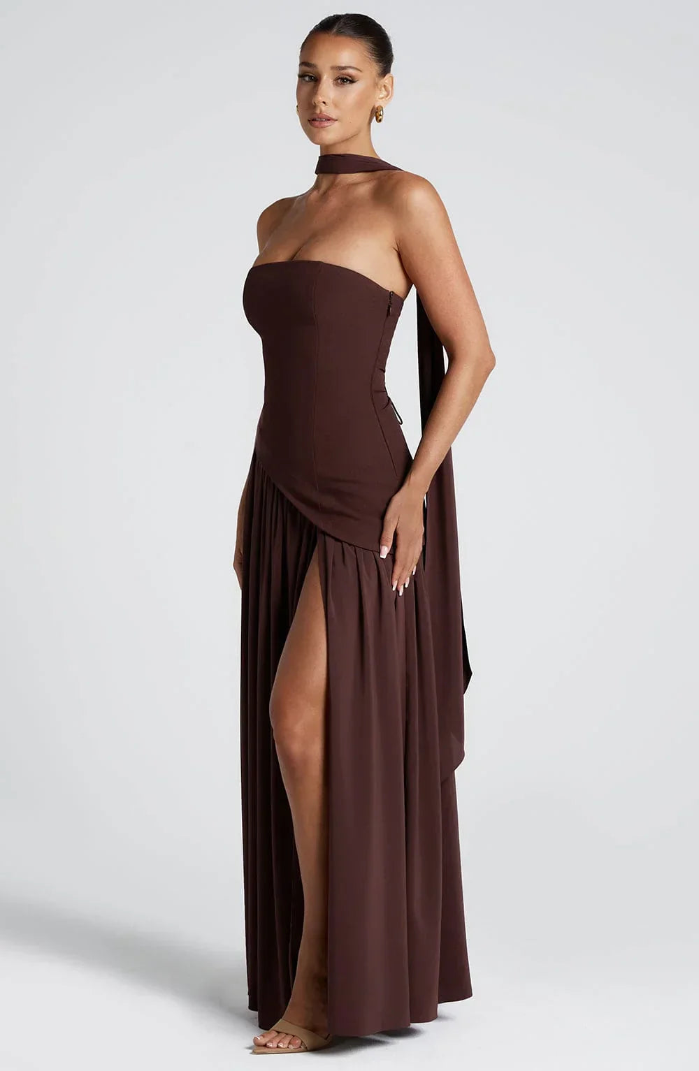 Strapless Corseted Asymmetrical Split Long Dress