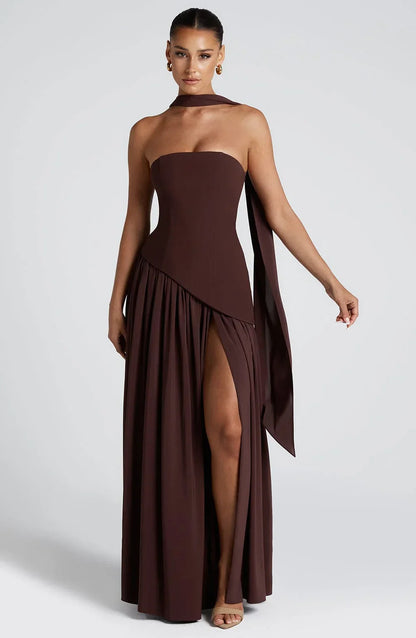 Strapless Corseted Asymmetrical Split Long Dress