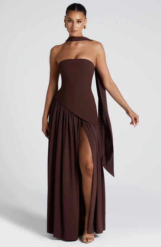 Strapless Corseted Asymmetrical Split Long Dress