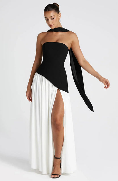 Strapless Corseted Asymmetrical Split Long Dress