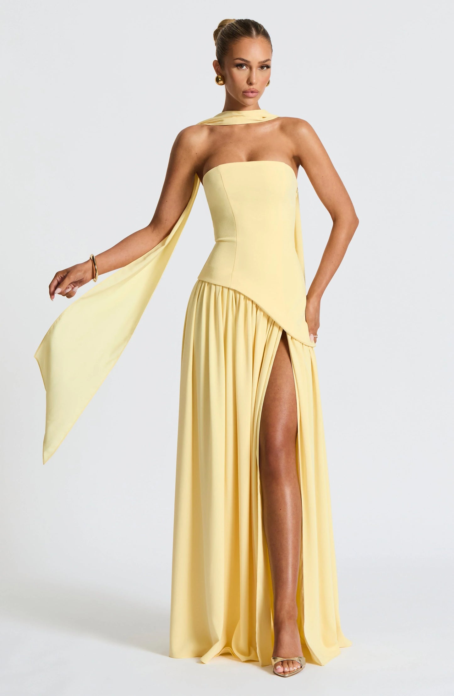Strapless Corseted Asymmetrical Split Long Dress