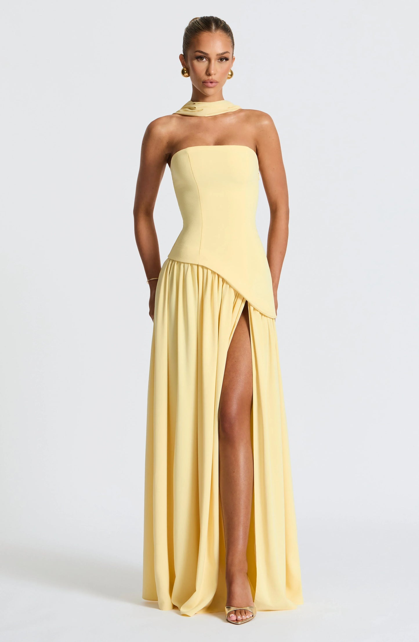 Strapless Corseted Asymmetrical Split Long Dress