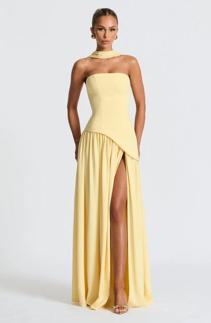 Strapless Corseted Asymmetrical Split Long Dress