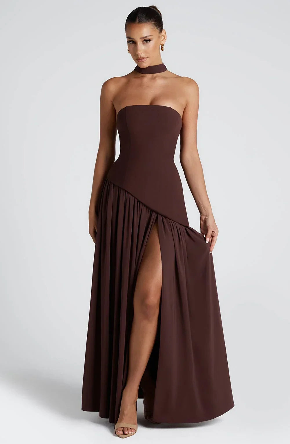 Strapless Corseted Asymmetrical Split Long Dress