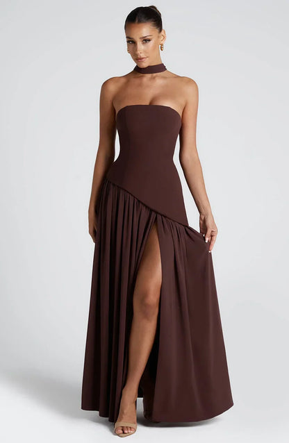 Strapless Corseted Asymmetrical Split Long Dress