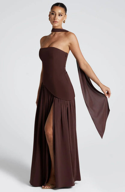 Strapless Corseted Asymmetrical Split Long Dress
