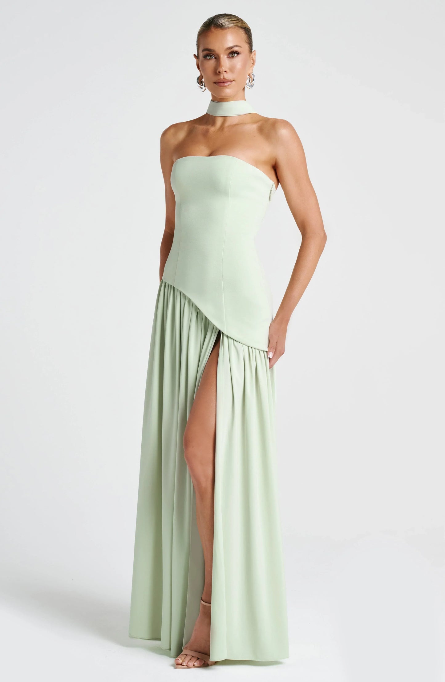 Strapless Corseted Asymmetrical Split Long Dress