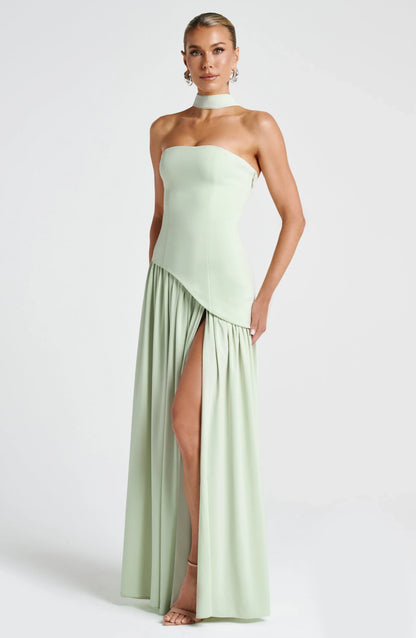 Strapless Corseted Asymmetrical Split Long Dress