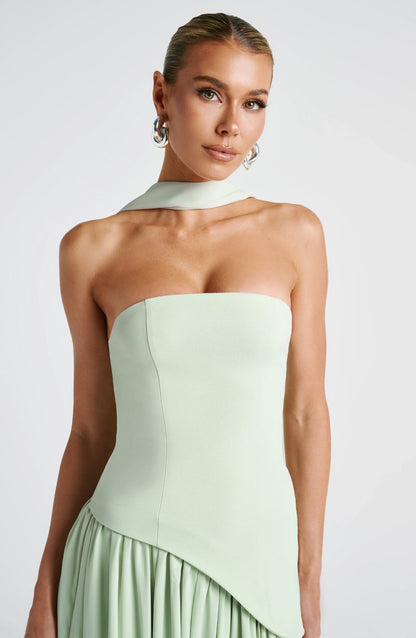 Strapless Corseted Asymmetrical Split Long Dress