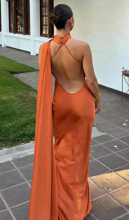 One Shoulder Draped Halter Backless Maxi Dress