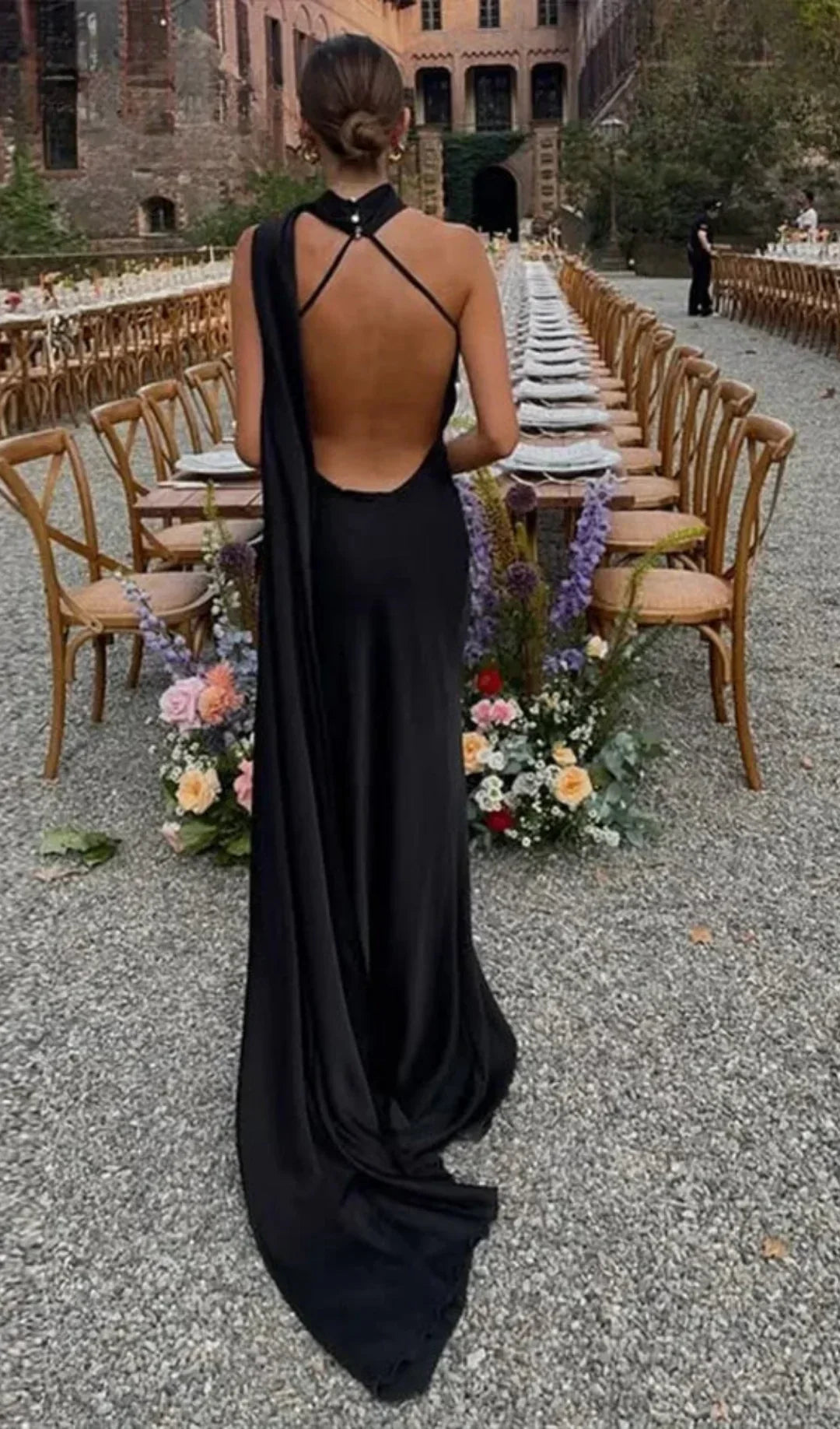 One Shoulder Draped Halter Backless Maxi Dress