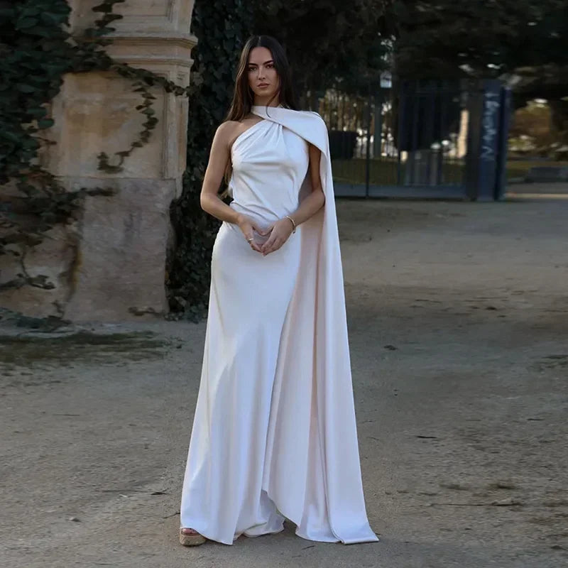 One Shoulder Draped Halter Backless Maxi Dress