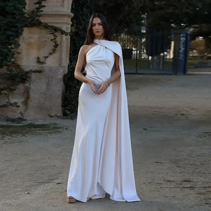 One Shoulder Draped Halter Backless Maxi Dress
