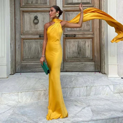 One Shoulder Draped Halter Backless Maxi Dress