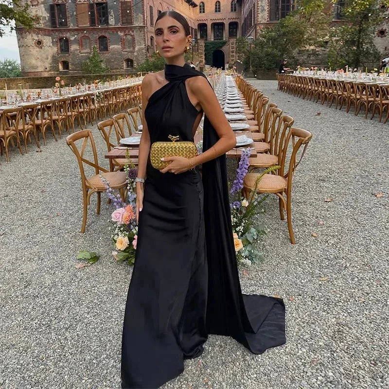 One Shoulder Draped Halter Backless Maxi Dress