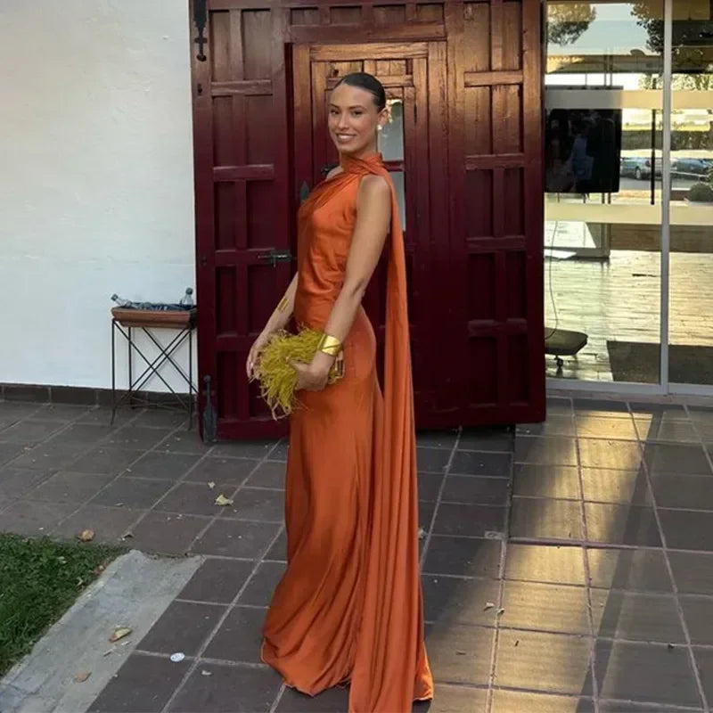 One Shoulder Draped Halter Backless Maxi Dress