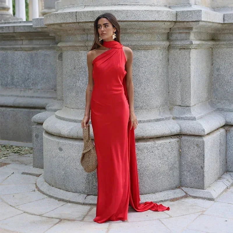 One Shoulder Draped Halter Backless Maxi Dress