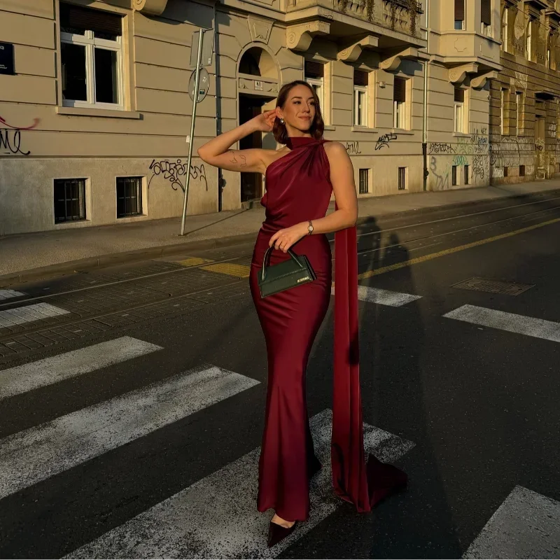 One Shoulder Draped Halter Backless Maxi Dress