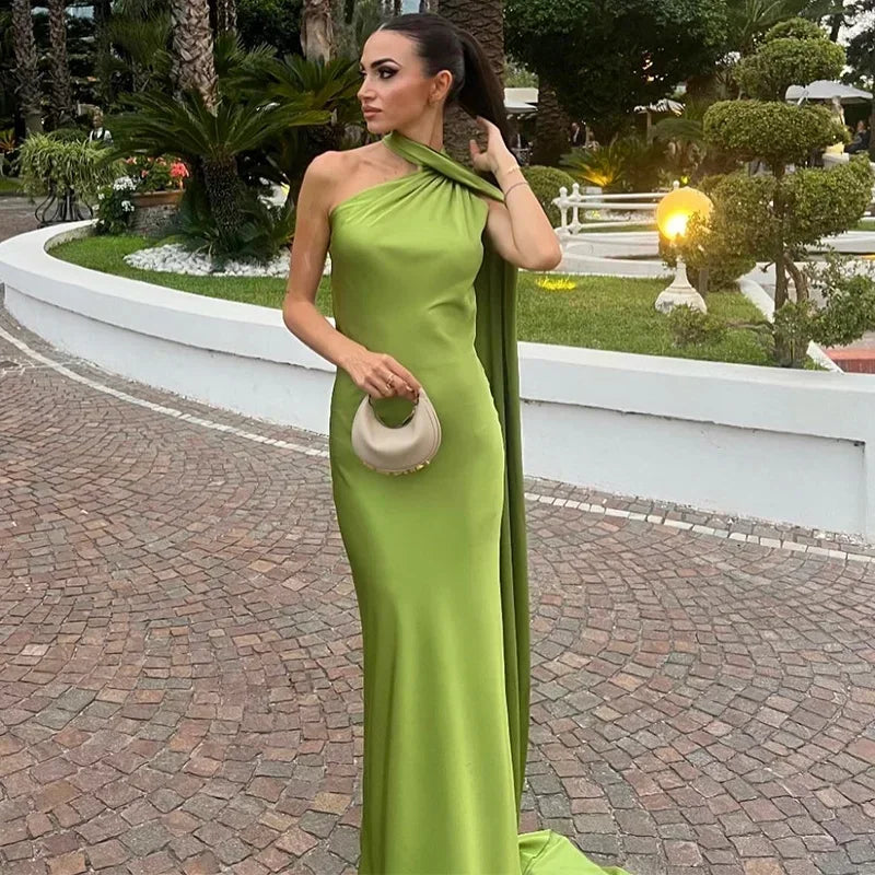 One Shoulder Draped Halter Backless Maxi Dress