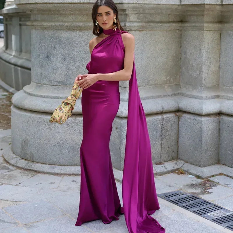 One Shoulder Draped Halter Backless Maxi Dress