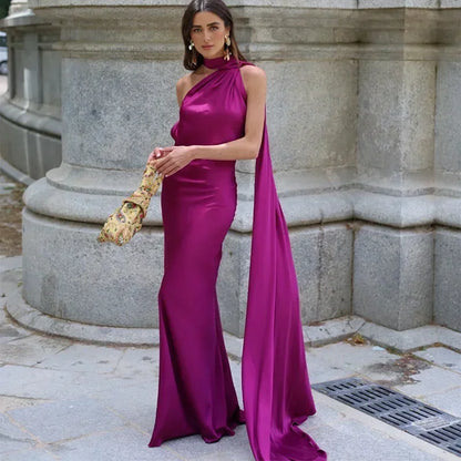 One Shoulder Draped Halter Backless Maxi Dress