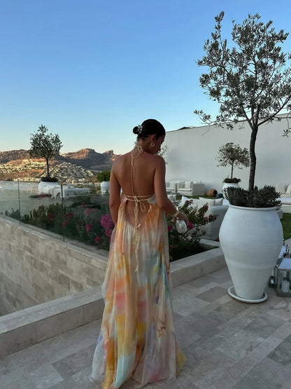 Halter Neck Open Back Watercolor Print Maxi Dress