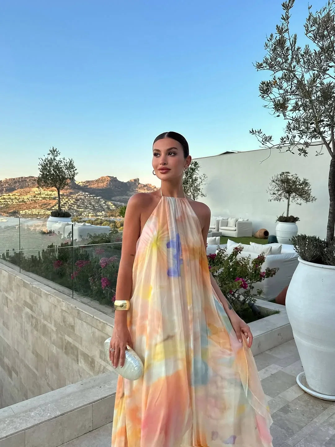 Halter Neck Open Back Watercolor Print Maxi Dress
