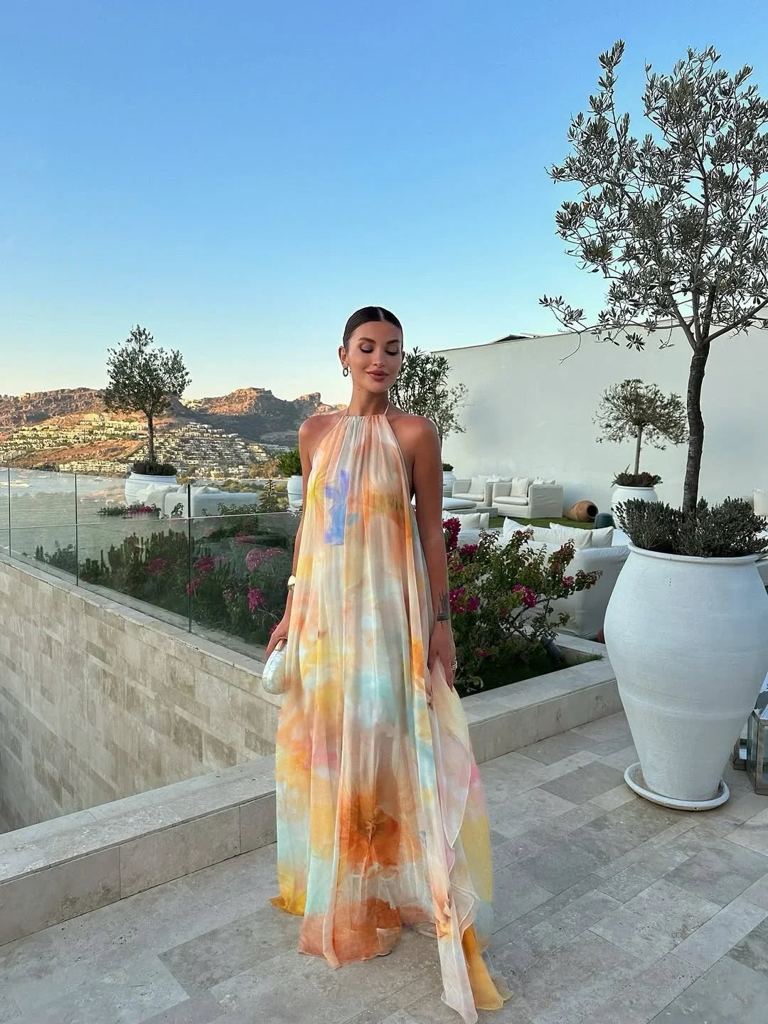 Halter Neck Open Back Watercolor Print Maxi Dress