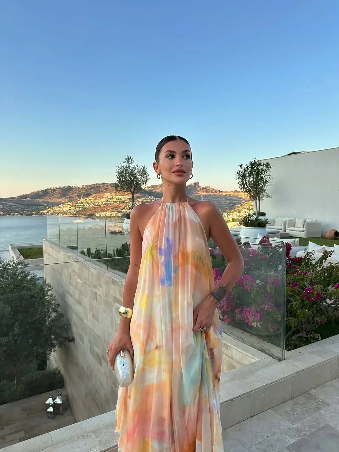 Halter Neck Open Back Watercolor Print Maxi Dress