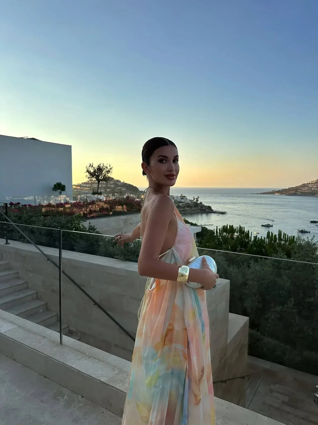 Halter Neck Open Back Watercolor Print Maxi Dress