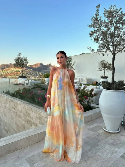 Halter Neck Open Back Watercolor Print Maxi Dress