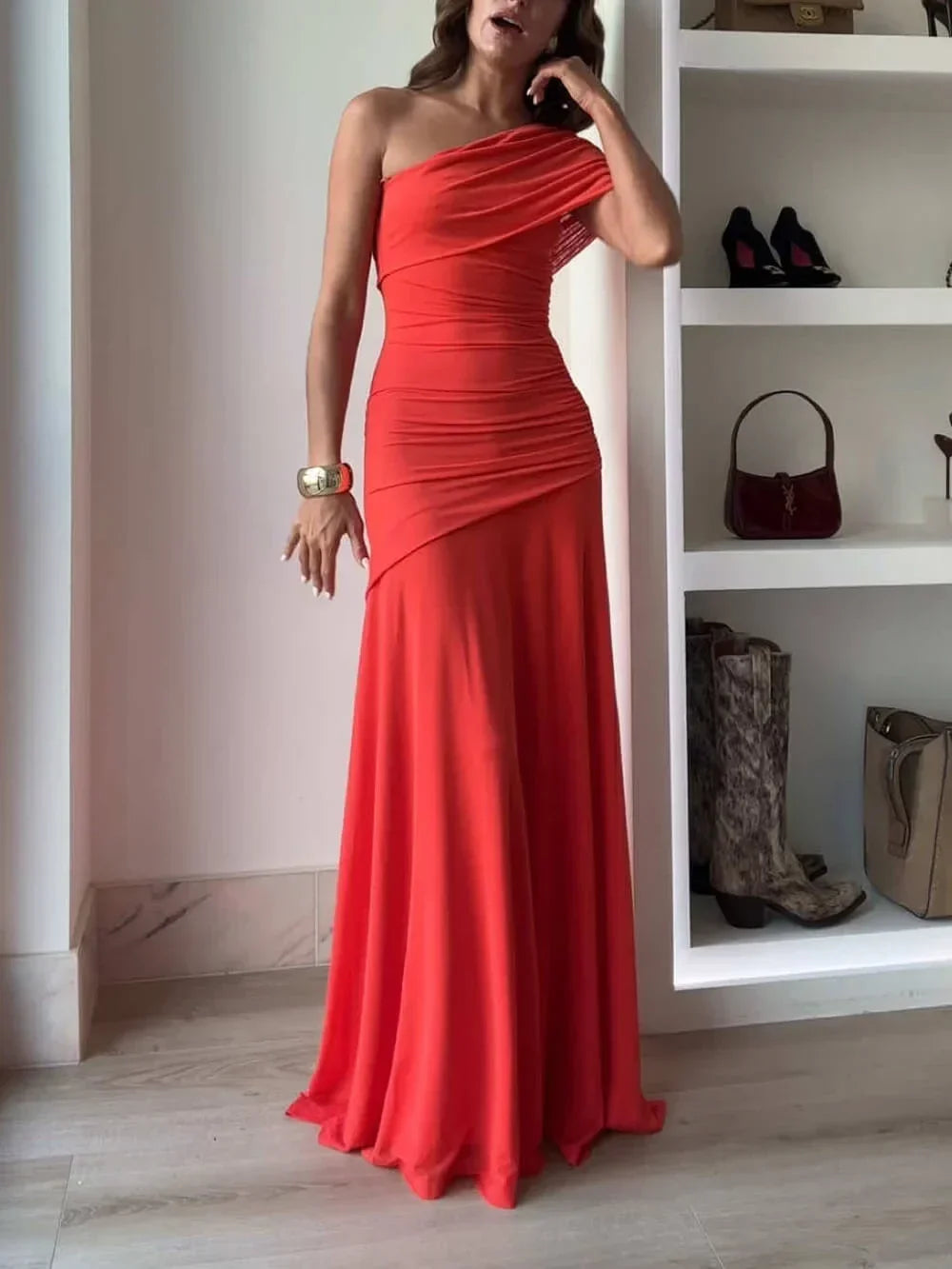 One-Shoulder Ruched Asymmetrical Maxi Dress