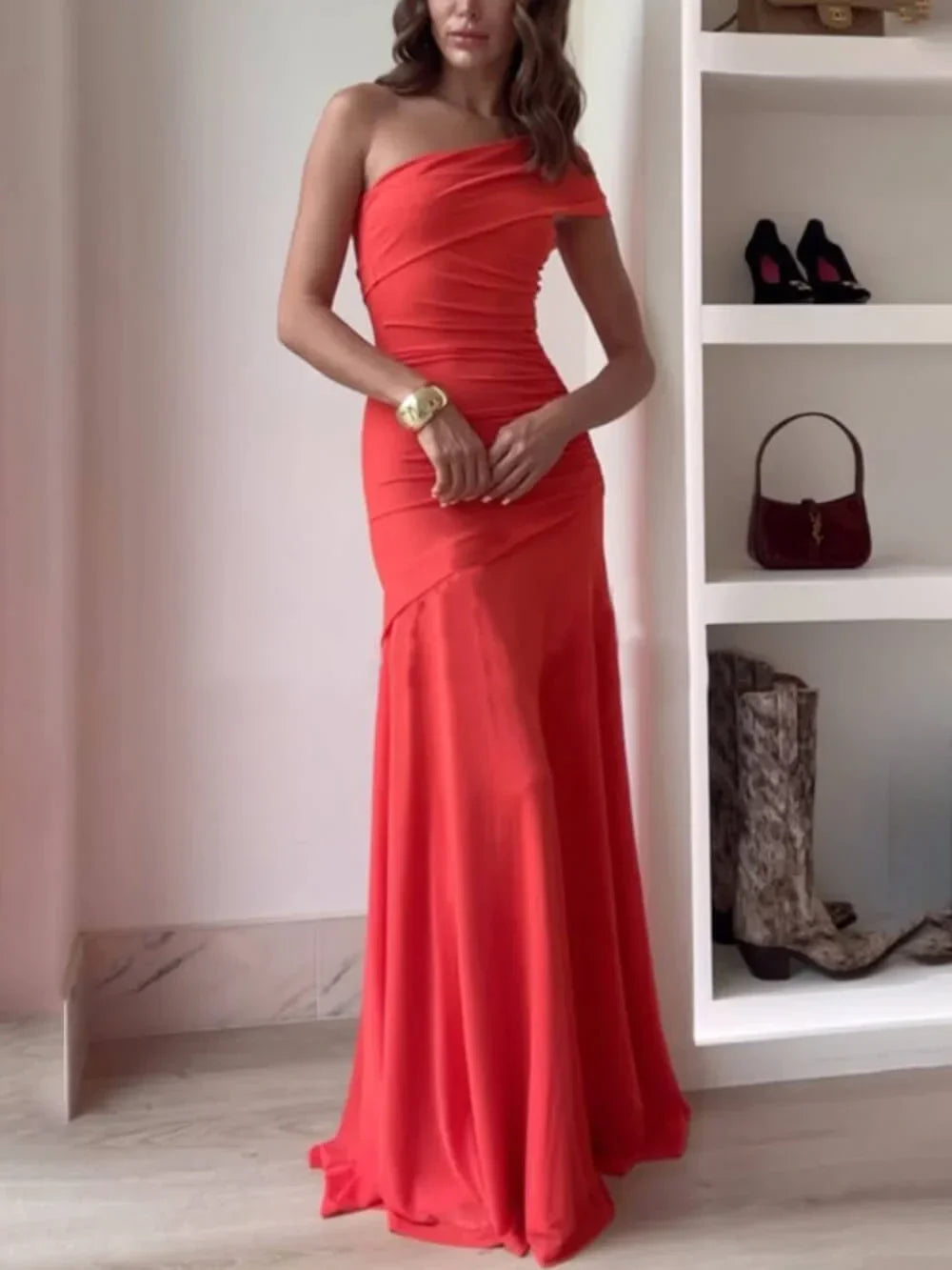 One-Shoulder Ruched Asymmetrical Maxi Dress