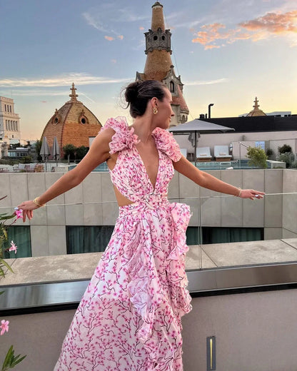 Ruffled Cut-Out Floral Maxi Dress for Wedding Guests