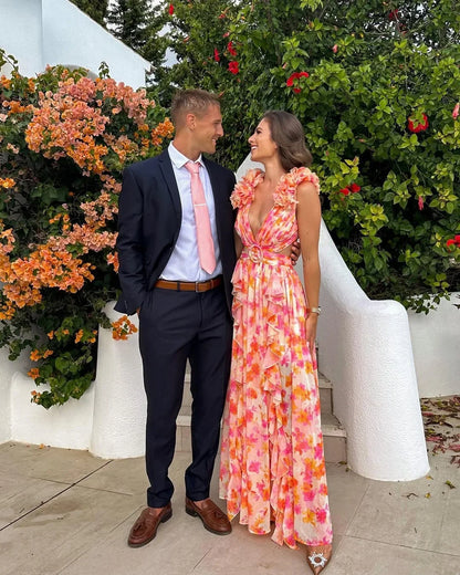 Ruffled Cut-Out Floral Maxi Dress for Wedding Guests
