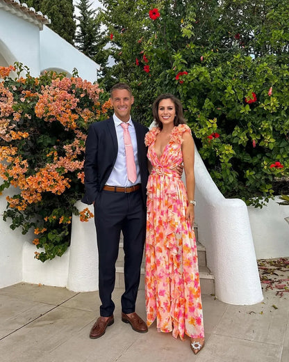 Ruffled Cut-Out Floral Maxi Dress for Wedding Guests