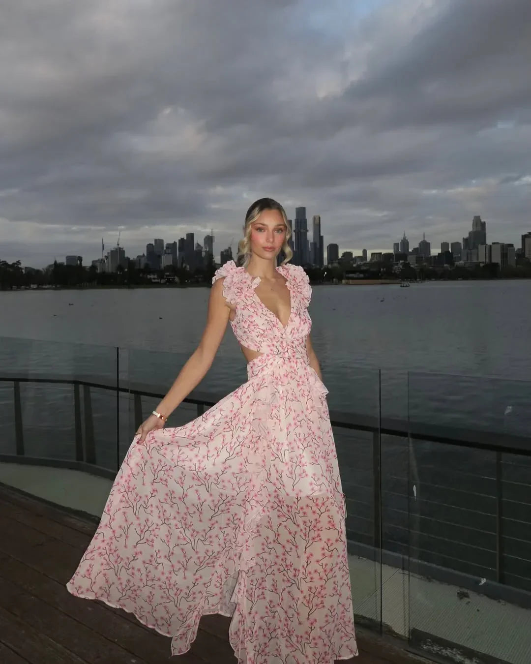 Ruffled Cut-Out Floral Maxi Dress for Wedding Guests