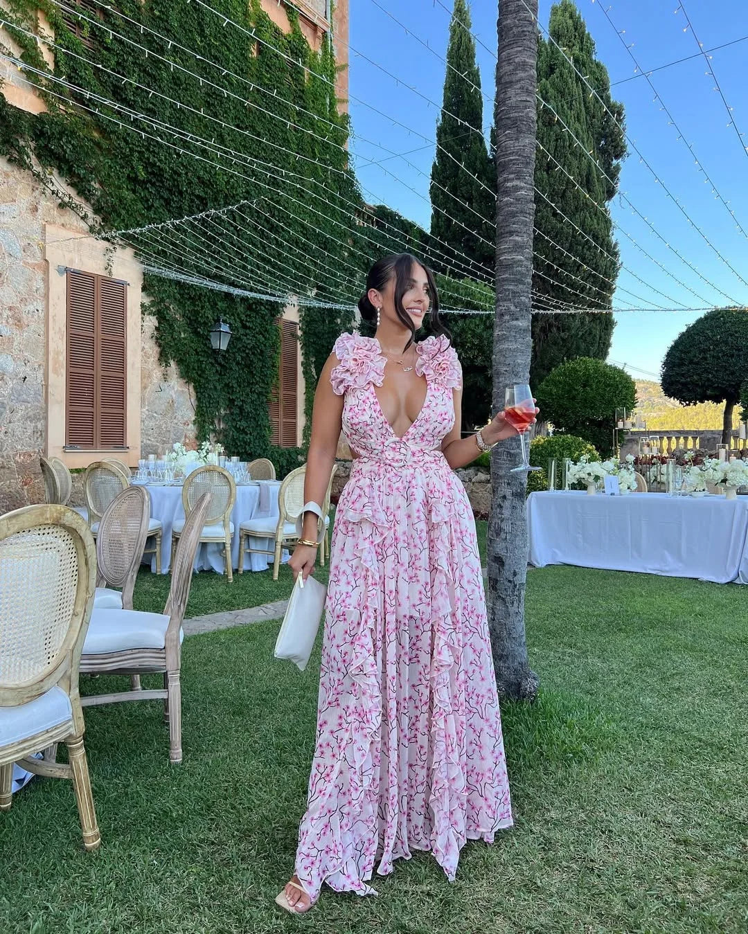 Ruffled Cut-Out Floral Maxi Dress for Wedding Guests