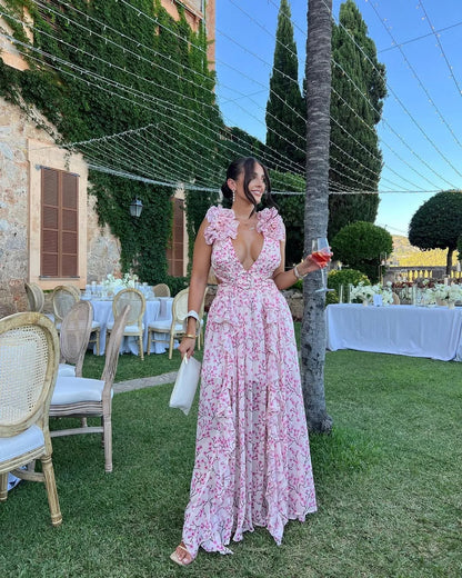 Ruffled Cut-Out Floral Maxi Dress for Wedding Guests