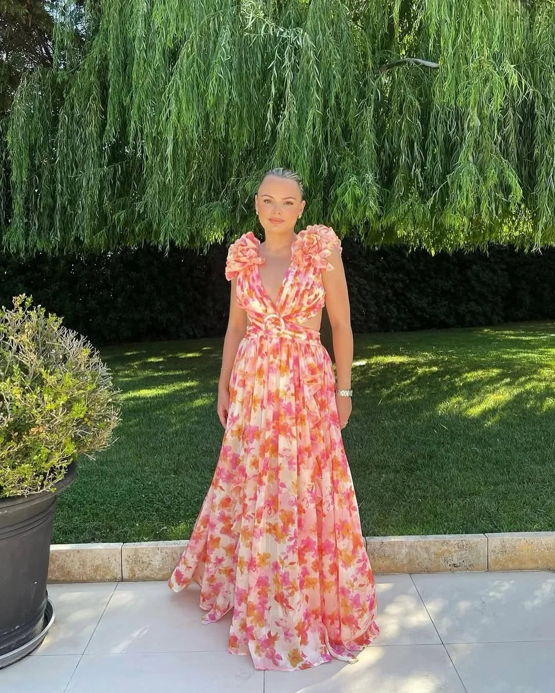 Ruffled Cut-Out Floral Maxi Dress for Wedding Guests