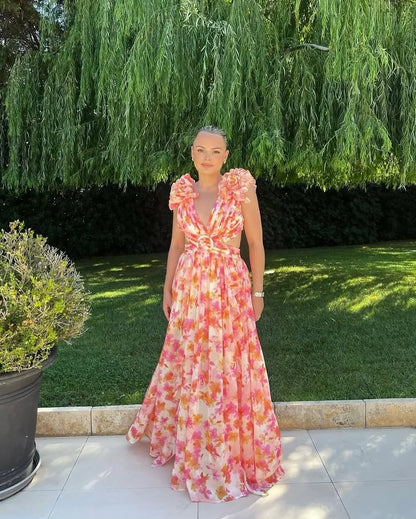 Ruffled Cut-Out Floral Maxi Dress for Wedding Guests