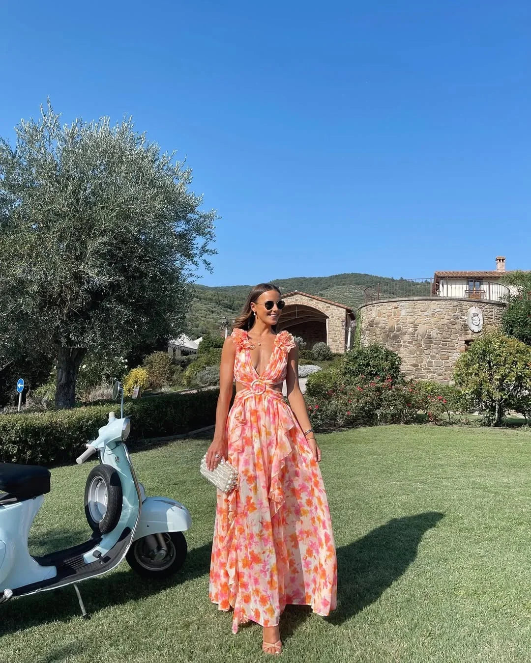 Ruffled Cut-Out Floral Maxi Dress for Wedding Guests