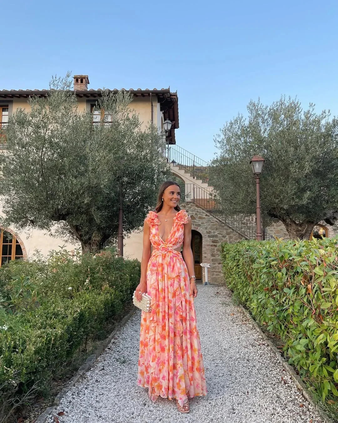 Ruffled Cut-Out Floral Maxi Dress for Wedding Guests