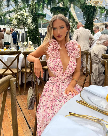 Ruffled Cut-Out Floral Maxi Dress for Wedding Guests