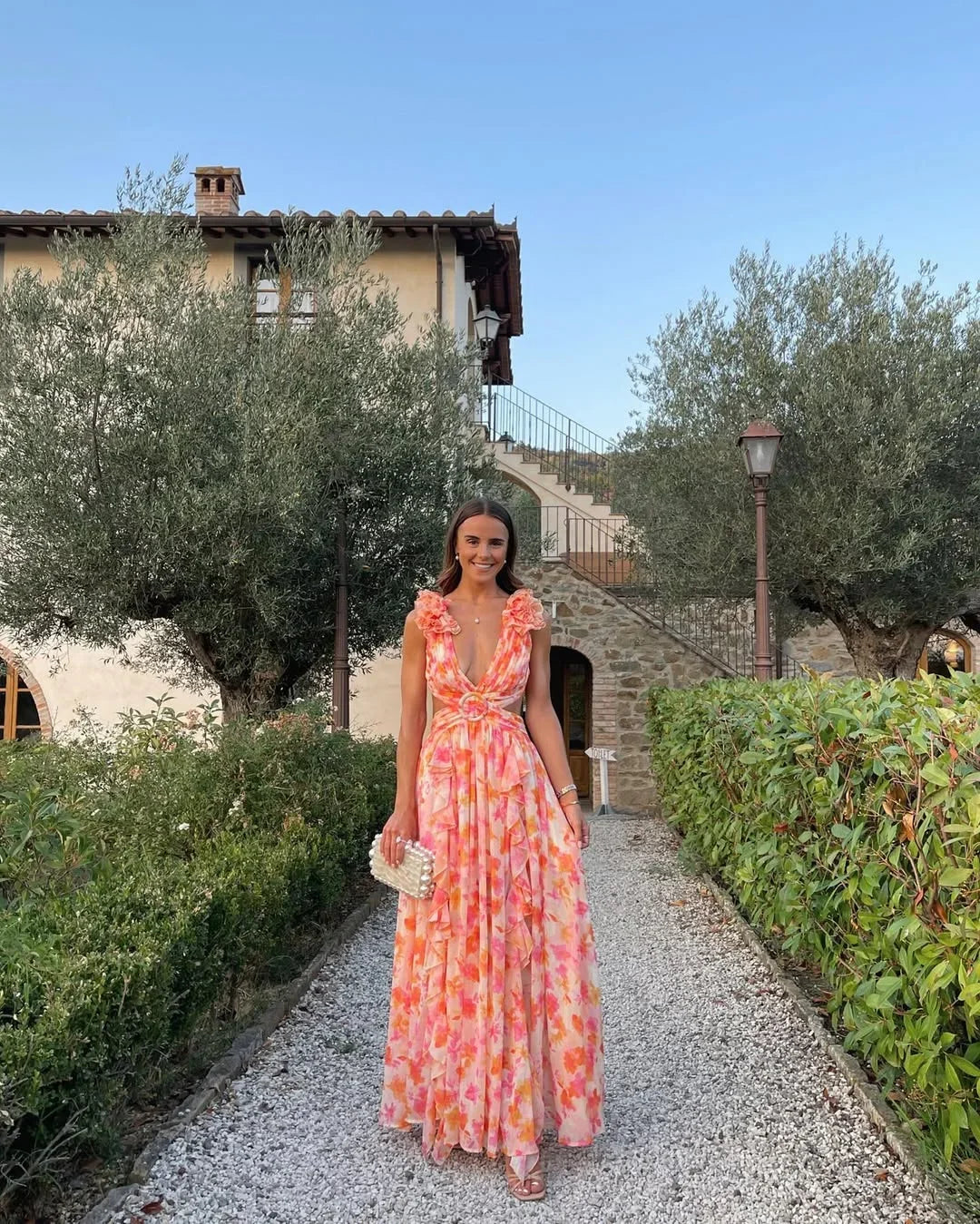 Ruffled Cut-Out Floral Maxi Dress for Wedding Guests