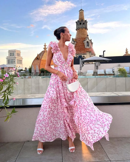 Ruffled Cut-Out Floral Maxi Dress for Wedding Guests