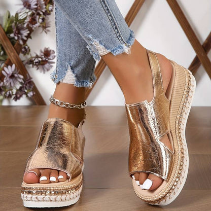 Cutout Wide Strap Slingback Platform Wedge Sandals