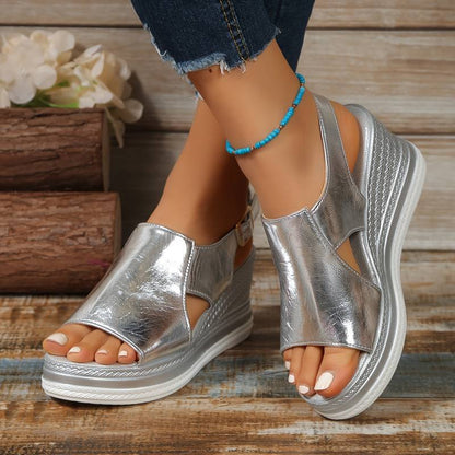 Cutout Wide Strap Slingback Platform Wedge Sandals
