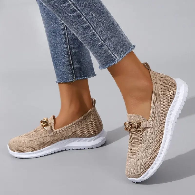 Chain Detail Round Toe Textured Slip On Shoes